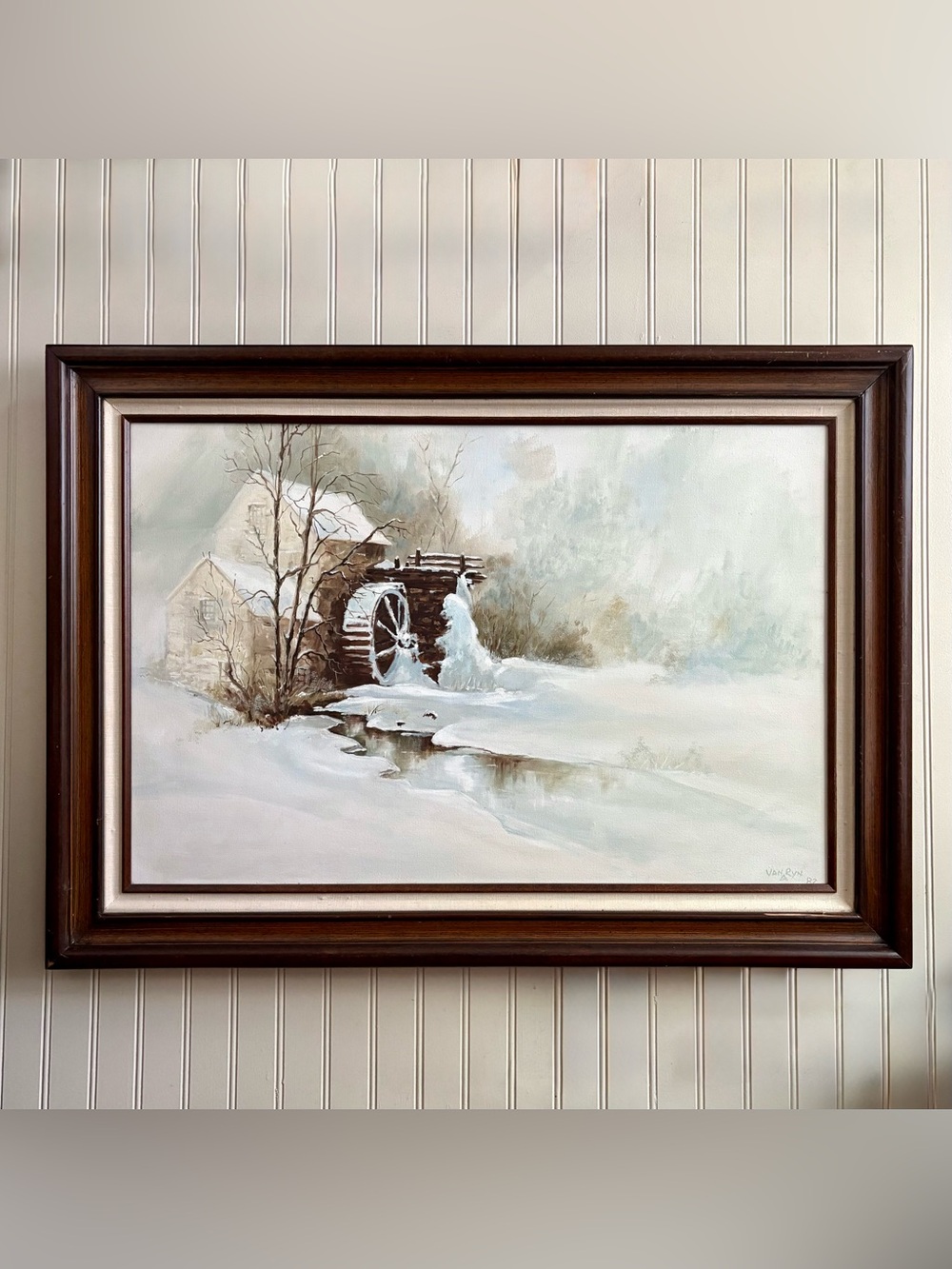 Vintage Winter Mill Scene Landscape Original Oil Painting Framed Serene VTG Farm